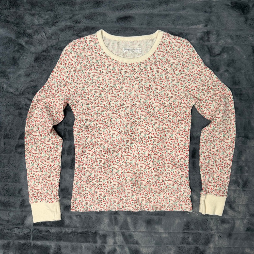 American Eagle Thermal Top Womens Medium Cream Floral Waffle Knit Long Sleeve